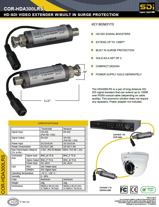 specifiation sheet download link for the COR-HDA300LRS Cortex Security quaility video baluns