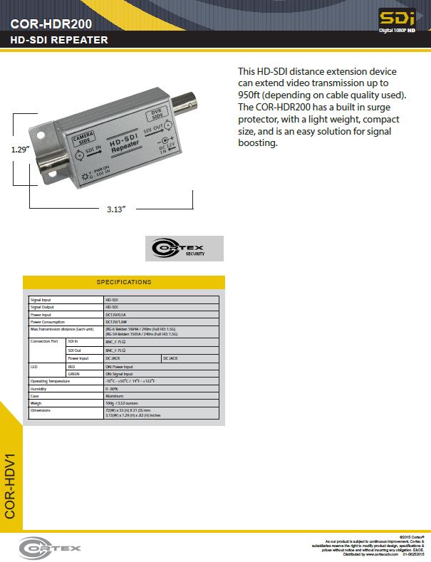 specifiation sheet download link for the COR-HDR200 Cortex Security quaility video baluns