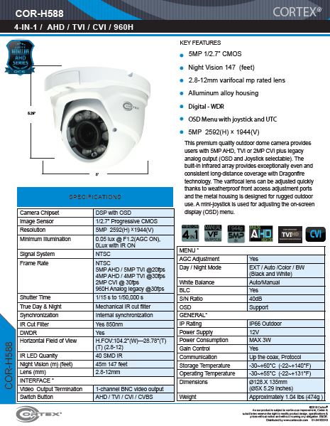 COR-H588 Medallion Series 5MP Camera with 2.8-12mm varifocal lens 