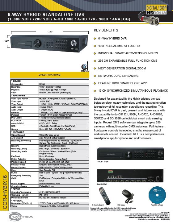 Specification image for the HYBIX16 Cortex® 16 Channel 7-Way Hybrid IP | SDI | EX-SDI | AHD | TVI Hybix series DVR NVR