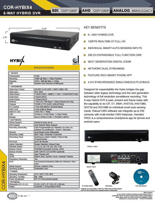 Specification image for the HYBIX14 Cortex® 4 Channel 4-Way Hybrid | SDI | EX-SDI | AHD | TVI Hybix series DVR