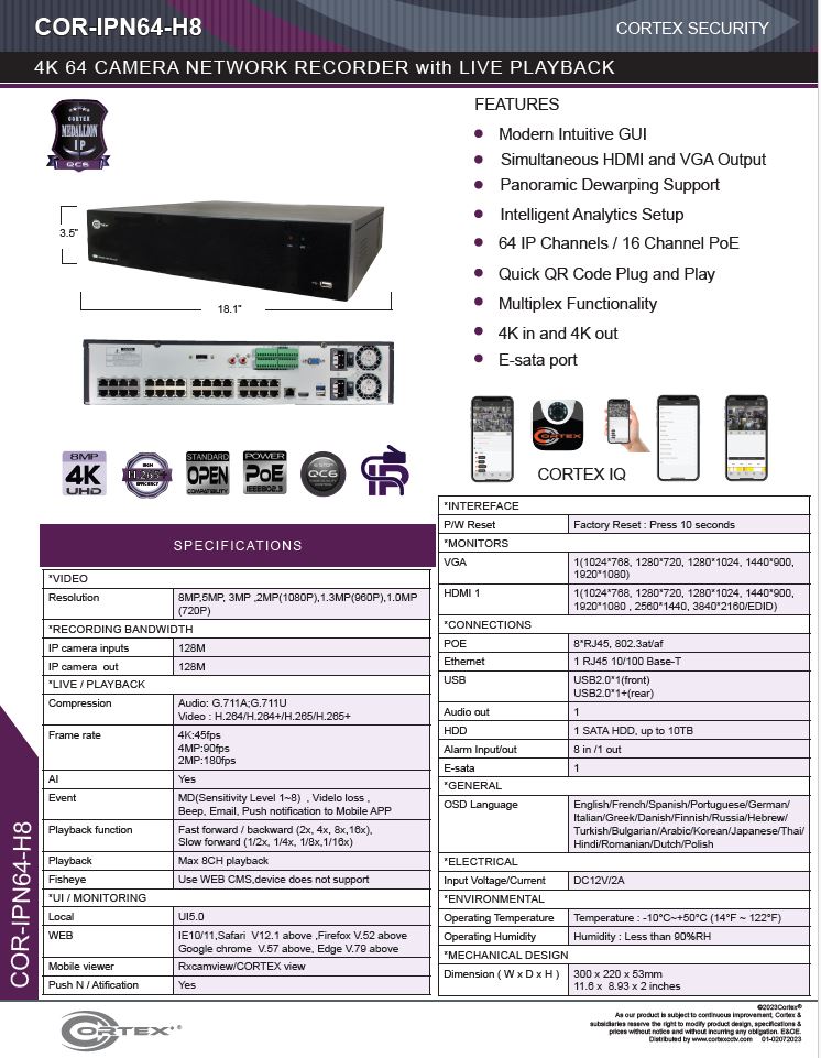 Specification image for the IPN16-P16H4 Cortex® Medallion 16 Port H.265 4K NVR with 16 PoE and 4 HDD Bays