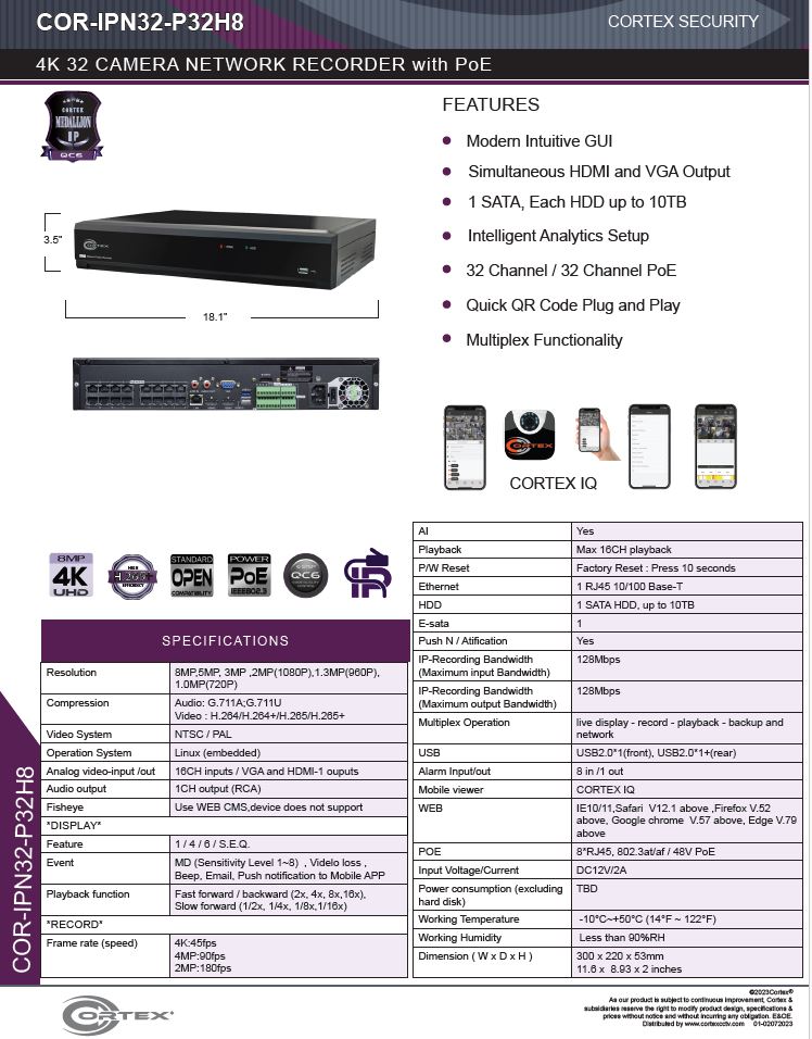 Specification image for the IPN32-P32H8 Cortex® Medallion 32 camera NVR with 8MP (4K) Recording resolution and 4 HDD Bays