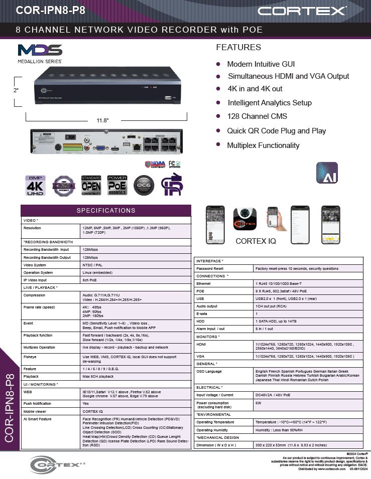 Specification image for the IPN8-P8 Cortex® Medallion 8 Camera 8 PoE 4K NVR with H.265